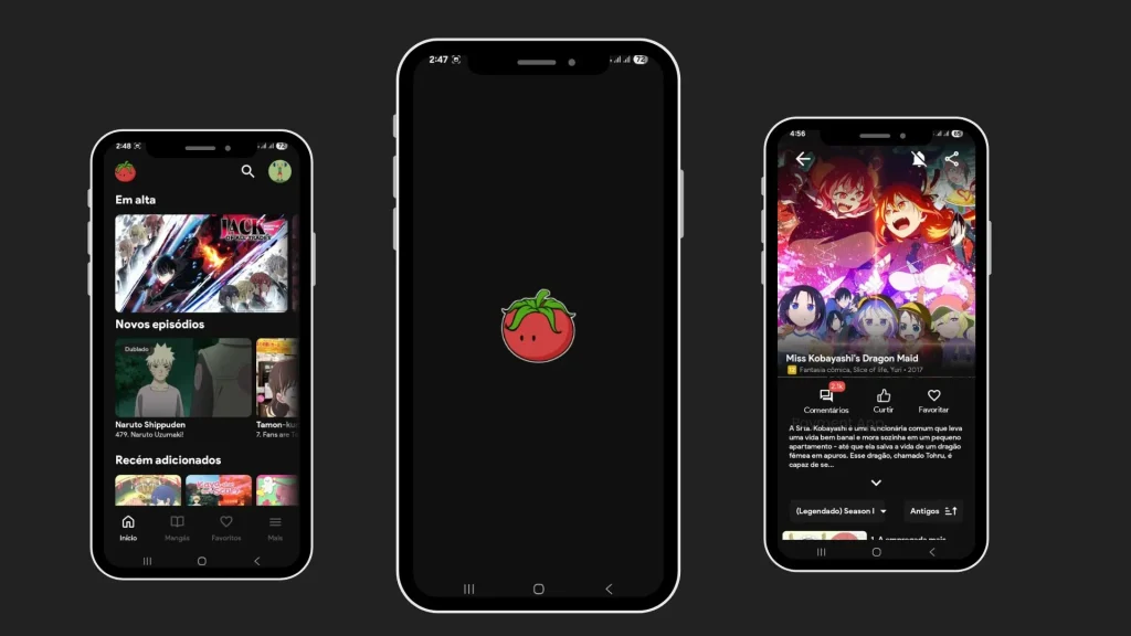 Banner do Tomato Animes APK com design moderno em vermelho escuro, pré-visualização da interface de streaming de anime e destaques da funcionalidade HD 4K.
