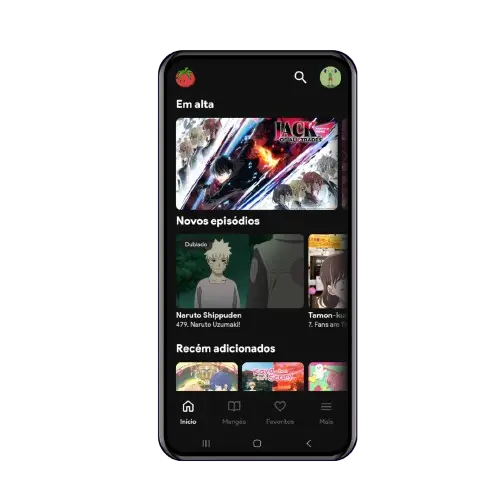 Banner do herói do Tomato Animes APK com design 3D moderno em tons escuros e recursos de streaming em HD.