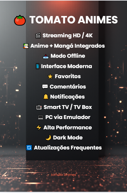 Infográfico do Tomato Animes mostrando os recursos do aplicativo.